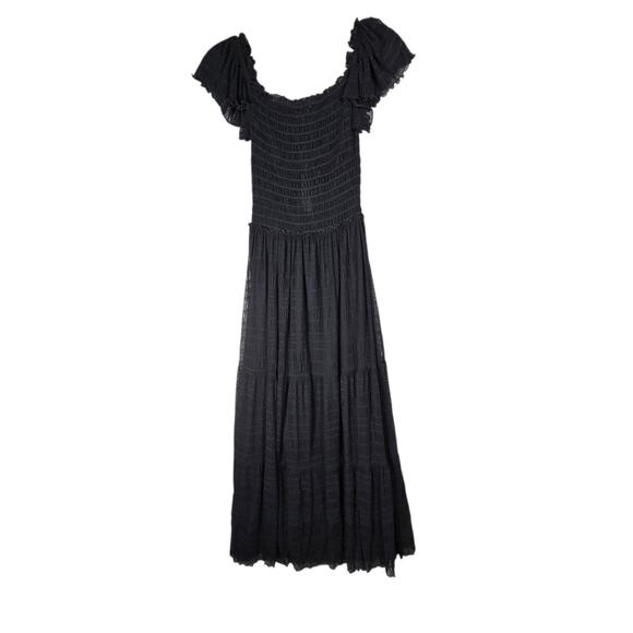 Max Studio Black Smocked Maxi Dress XS Flutter Sleeve Tiered Boho Whimsigoth - Picture 8 of 12